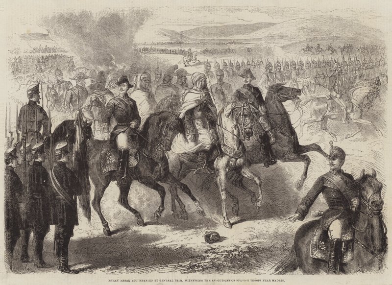 Muley Abbas, General Prim eşliğinde, Madrid yakınlarındaki İspanyol Birliklerinin Evrimine tanık oluyor by Gustave Janet