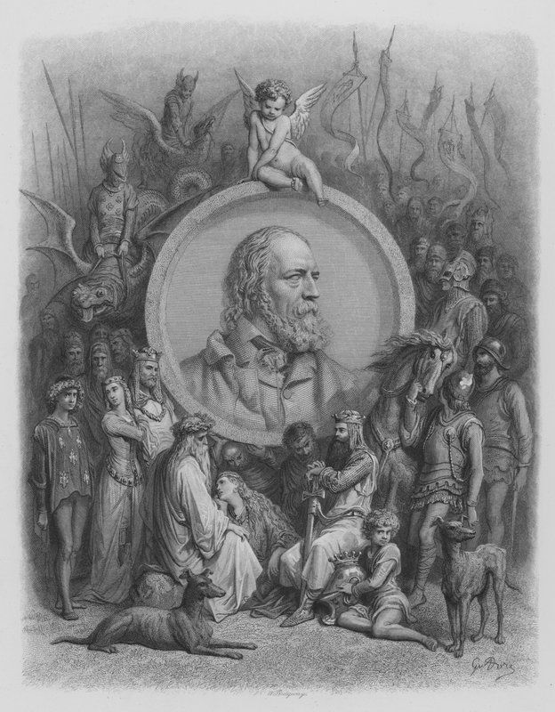 Frontispiece, Portrait of Tennyson and Characters from the Idylls  by Gustave after Dore