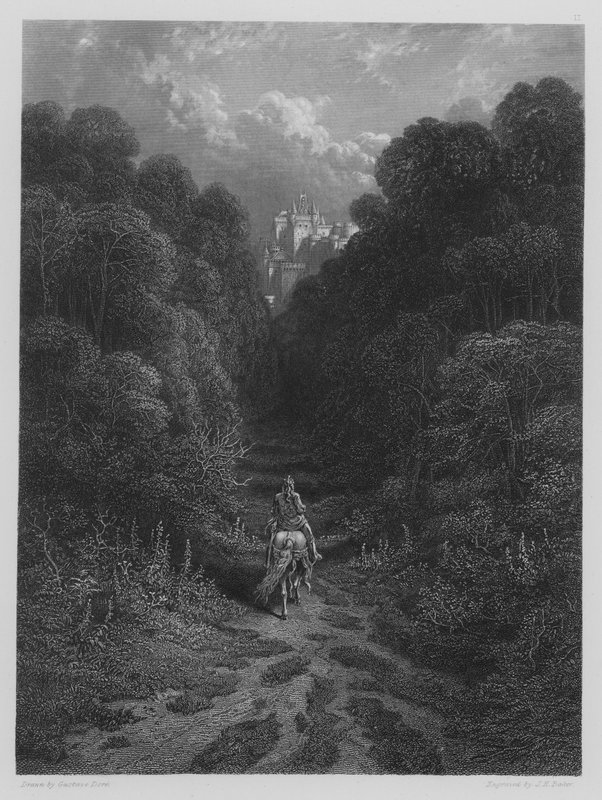 Lancelot approaching the Castle of Astolat  by Gustave after Dore