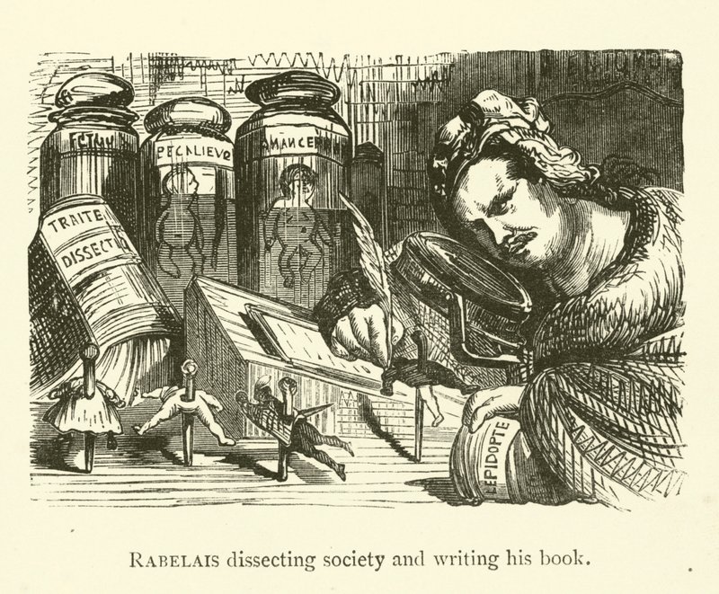 Rabelais dissecting society and writing his book  by Gustave after Dore