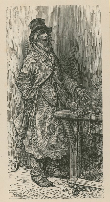 Bir adam mallarını bir pazar tezgahından satıyor. by Gustave Dore