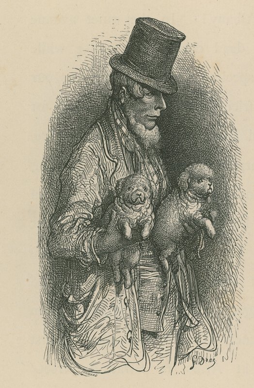 Elinde iki köpek tutarken silindir şapka takan bir adam by Gustave Dore