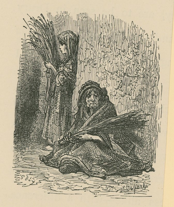 Kuru çiçekler satan bir kadın ve genç bir kız by Gustave Dore