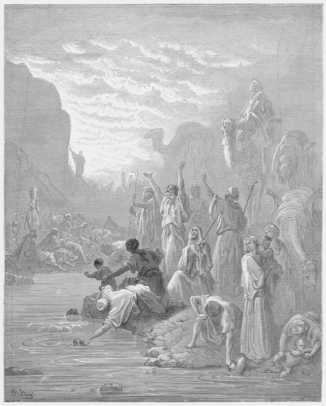 Gustave Dore Bible: Moses striking the rock in Horeb  by Gustave Dore