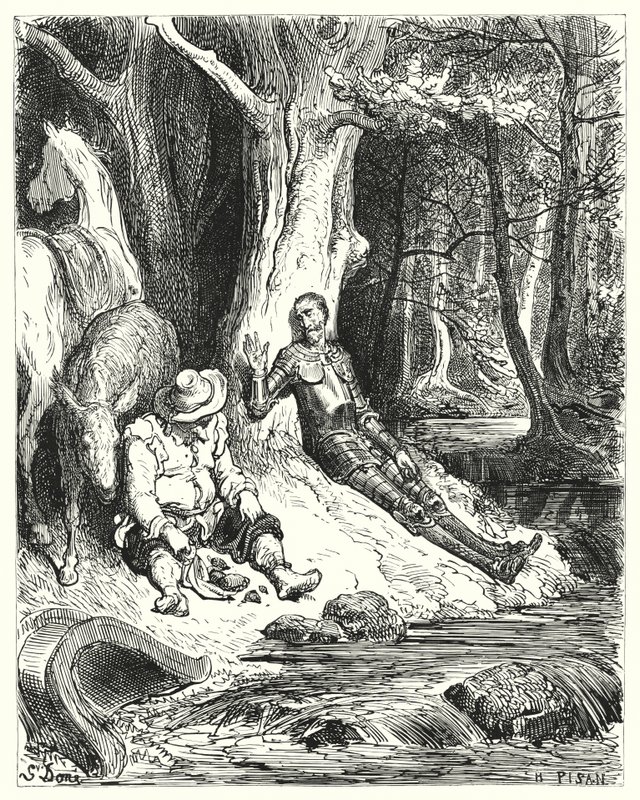 Gustave Dore'un Don Kişot'u: "Don Kişot ve Sancho'nun bazı yemyeşil ağaçların arasında bulduğu berrak bir çeşme onları tazelemeye hizmet etti" (gravür) by Gustave Dore
