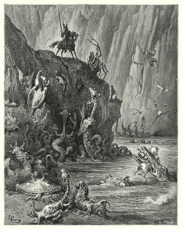Gustave Dore'un Don Kişot'u: "Sonsuz sayıda vahşi ve korkunç yaratığın ileri geri hareket ettiği, kaynayan ziftten oluşan geniş bir göl" (gravür) by Gustave Dore