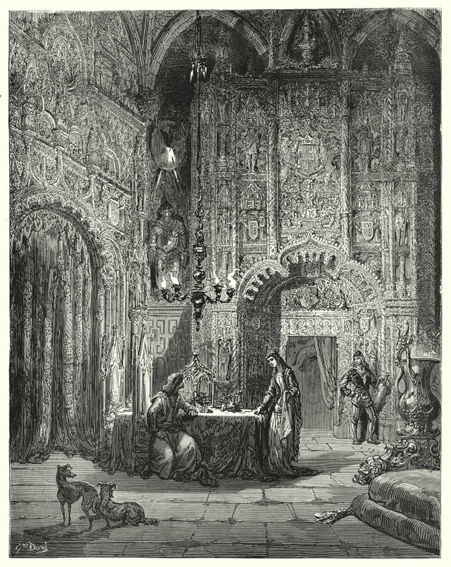Gustave Dore'un Don Kişot'u: "Odaya başka bir genç kız gelir ve ona bu kalenin ne olduğunu ve onun içinde nasıl büyülendiğini söylemeye başlar" (gravür) by Gustave Dore