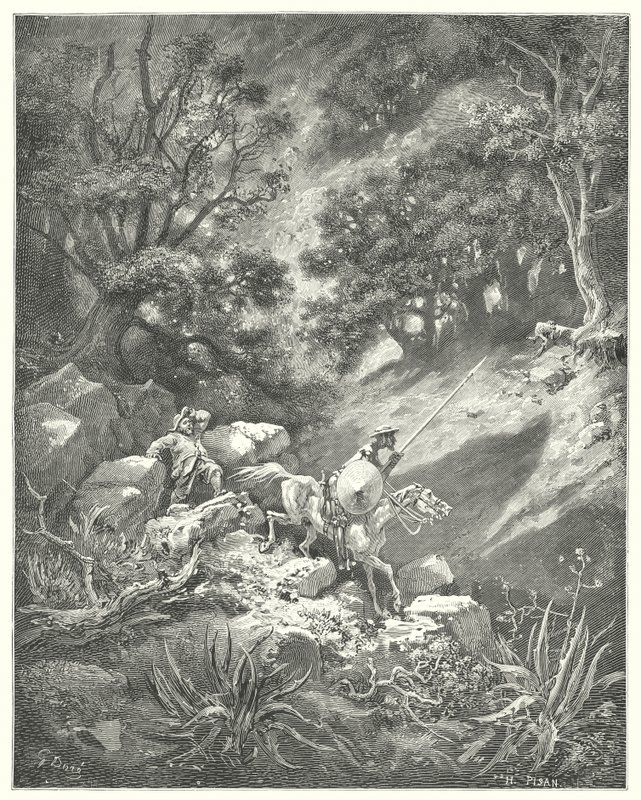 Gustave Dore'un Don Kişot'u: "Ama dua edin efendim," dedi Sancho, "bu kayalık vahşi doğada bir aşağı bir yukarı, çalılar ve çalılar arasında dolaşacağımızı söyleyen iyi bir şövalyelik kanunu mu?" (oymak) by Gustave Dore