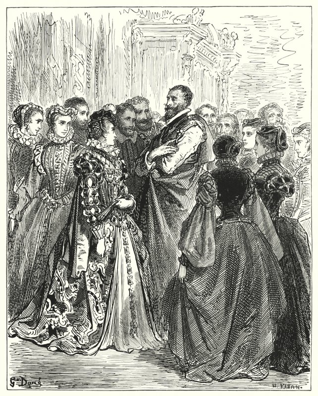 Gustave Dore'un Don Kişot'u: "Don Antonio'nun karısı, konuğunu onurlandırmak için birkaç arkadaşını bir baloya davet etmişti" (gravür) by Gustave Dore