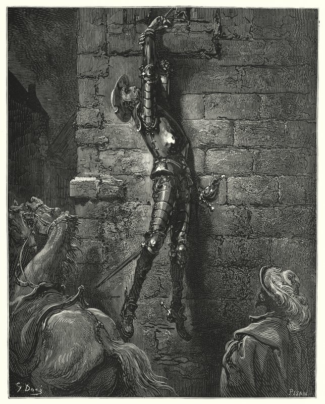 Gustave Dore'un Don Kişot'u: "Bileği ipe sağlam bir şekilde bağlanmamış olsaydı, kaçınılmaz olarak yere düşmüştü" (gravür) by Gustave Dore
