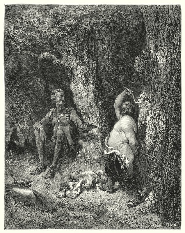 Gustave Dore'un Don Kişot'u: "'Dur!' diye bağırdı; 'arkadaş Sancho, kolunun gazabından uzak dur'" (gravür) by Gustave Dore