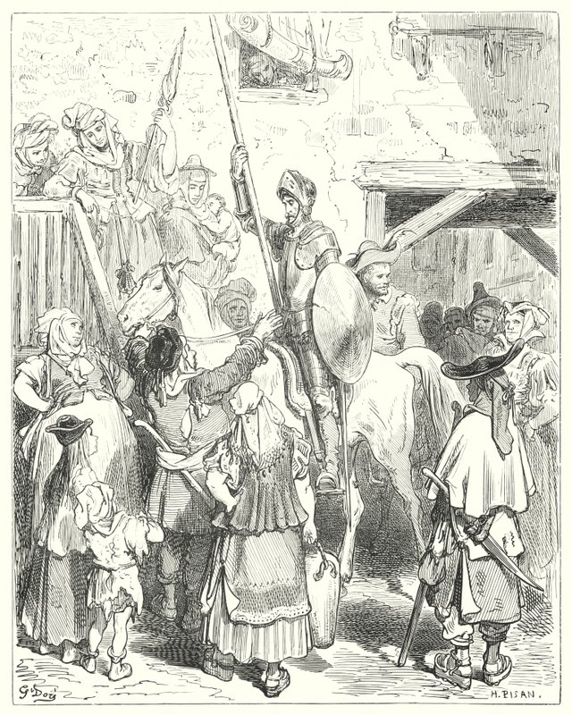 Gustave Dore'un Don Kişot'u: "Bütün bunlarla hiçbir ilgim yok," diye haykırdı hancı; "hesabını öde" (gravür) by Gustave Dore