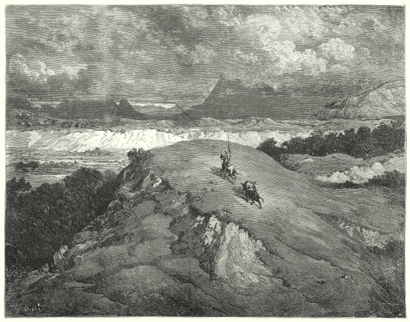 Gustave Dore'un Don Kişot'u: "İki yolcumuzun dağın en çöl kısmına varmadan önce geceydi" (gravür) by Gustave Dore