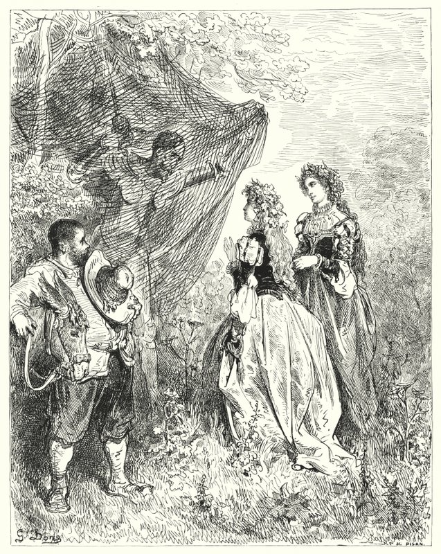Gustave Dore'un Don Kişot'u: "'Şimdi, efendim, eğer bize eşlik etmenize izin verirseniz, çok hoş karşılanacaksınız'" (gravür) by Gustave Dore