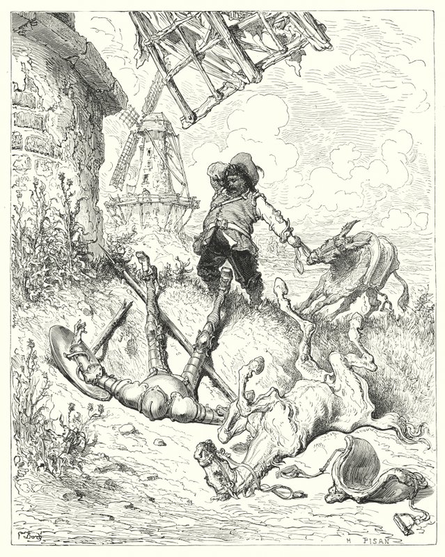 Gustave Dore'un Don Kişot'u: "Sancho, efendisine yardım etmek için kıçının sürebildiği kadar hızlı koştu" (gravür) by Gustave Dore
