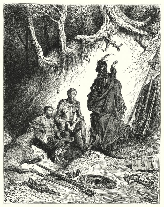 Gustave Dore'un Don Kişot'u: "Yaverler Don Kişot, Roque ve Sancho'yu dönüşlerini beklemeleri için bıraktılar" (gravür) by Gustave Dore