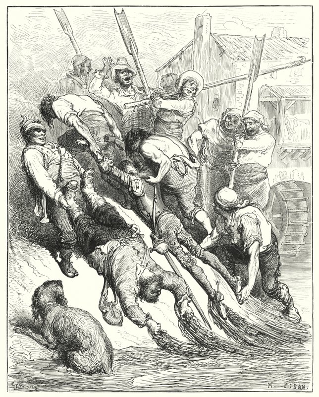 Gustave Dore'un Don Kişot'u: "İkisi de karaya çekildiler, susamaktan çok sırılsıklamdılar" (gravür) by Gustave Dore