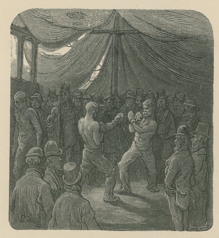 Kalabalık saatlerce boks yapan iki adam by Gustave Dore