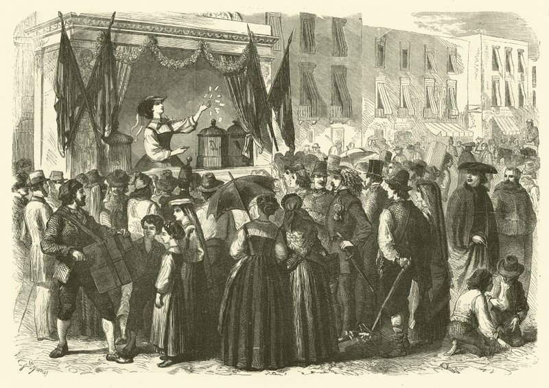 Kazanan piyango numaralarını tahmin etmek için kuşları kullanma, Napoli (gravür) by Gustave Janet