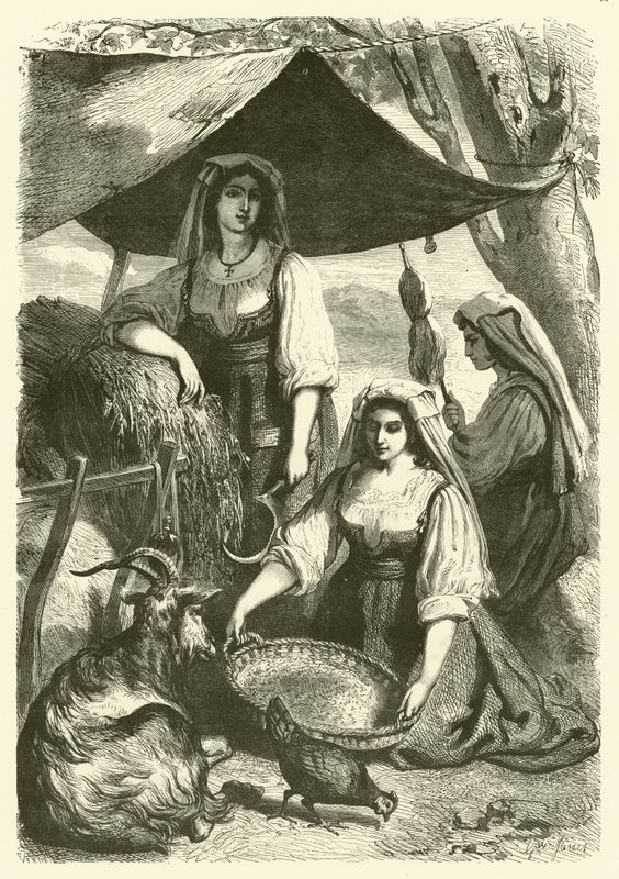 Yol kenarında arabacılara saman satan kadınlar, İtalya (gravür) by Gustave Janet