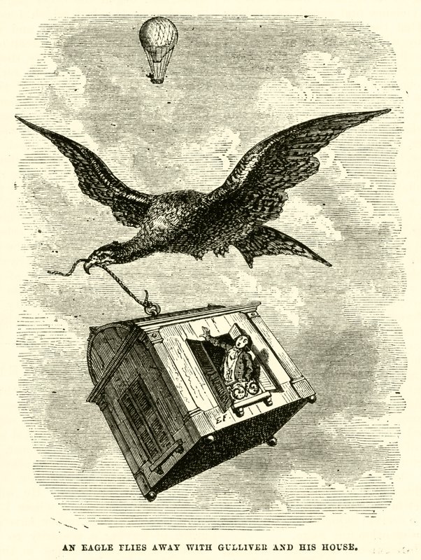 Bir kartal Gulliver ve eviyle birlikte uçup gidiyor (gravür) by after Hablot Knight Browne