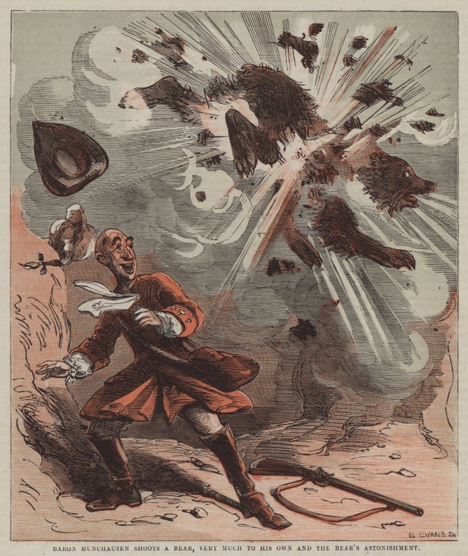 Baron Munchausen bir ayıyı vuruyor, hem kendi başına hem de ayının şaşkınlığı içinde (renkli taş) by after Hablot Knight Browne