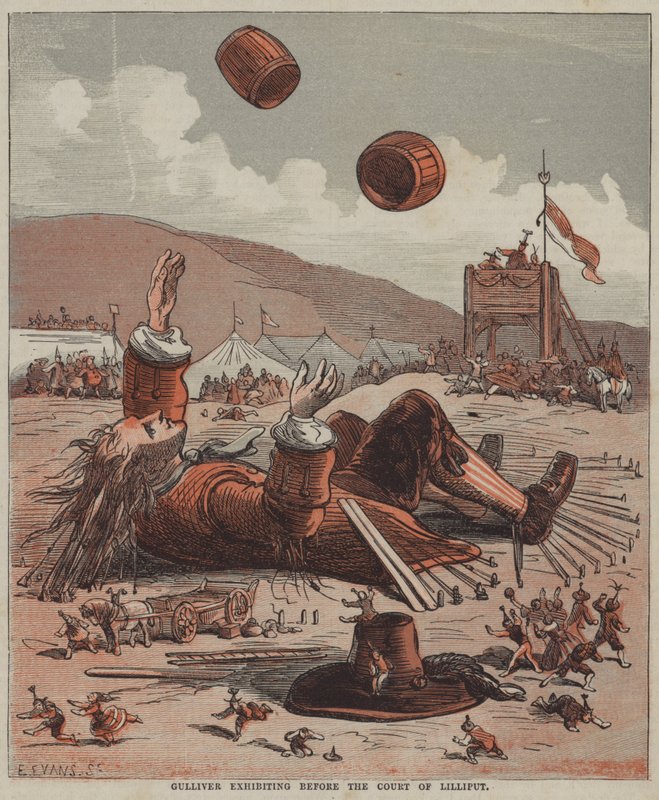 Gulliver, Lilliput mahkemesi önünde sergileniyor (renkli taş) by after Hablot Knight Browne