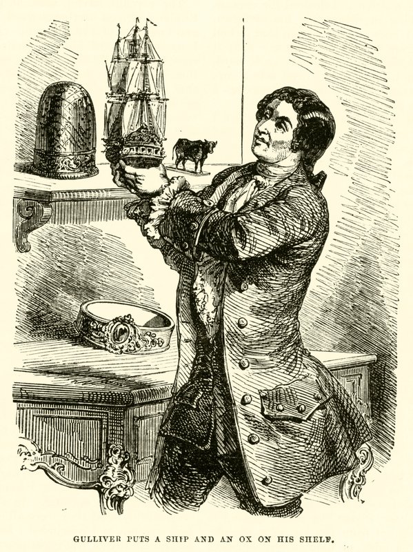 Gulliver rafına bir gemi ve bir öküz koyar (gravür) by after Hablot Knight Browne