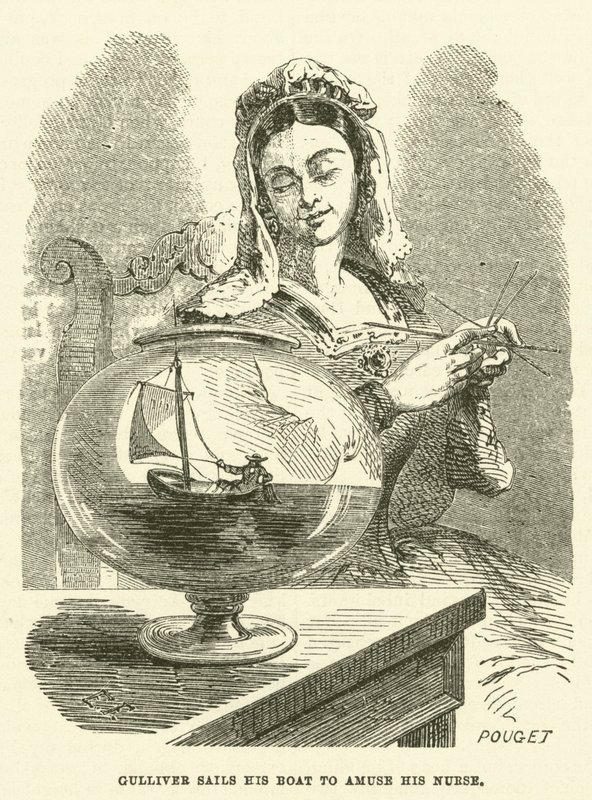 Gulliver, hemşiresini eğlendirmek için teknesini kullanıyor (gravür) by after Hablot Knight Browne