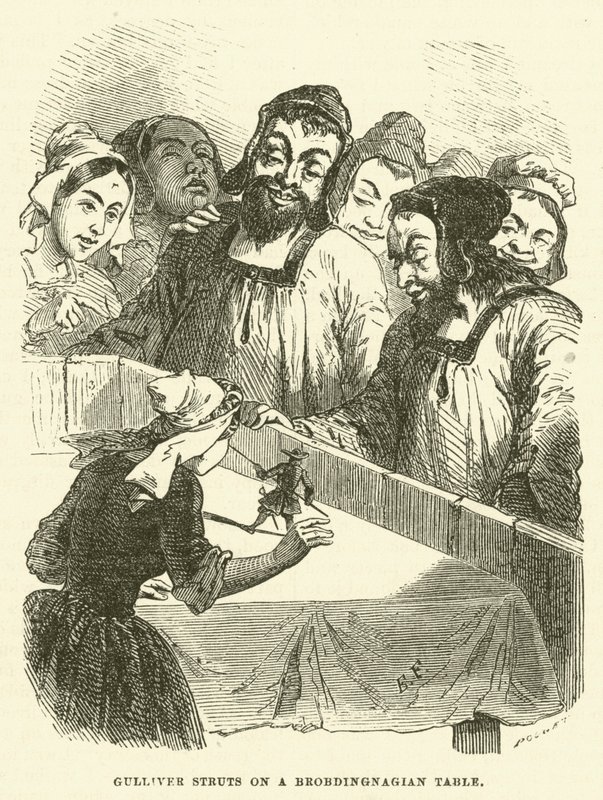Gulliver bir Brobdingnagian masasında (gravür) by after Hablot Knight Browne