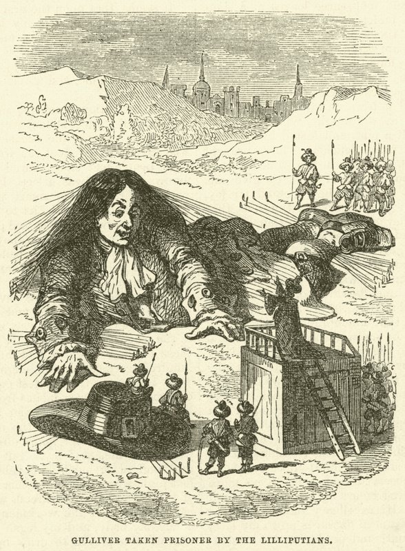 Gulliver, Lilliputians tarafından esir alındı (gravür) by after Hablot Knight Browne