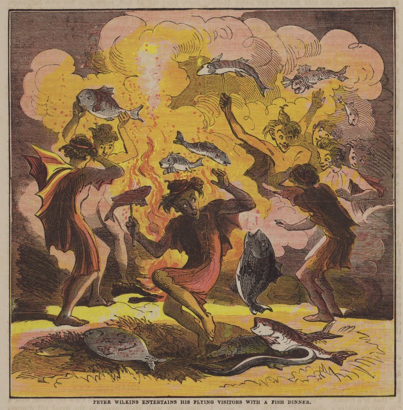 Peter Wilkins uçan ziyaretçilerini bir balık yemeği (renkli taş) ile eğlendirir by after Hablot Knight Browne