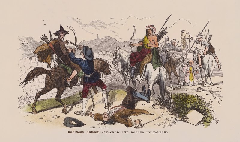 Robinson Crusoe, Tatarlar tarafından saldırıya uğradı ve soyuldu (renkli gravür) by after Hablot Knight Browne