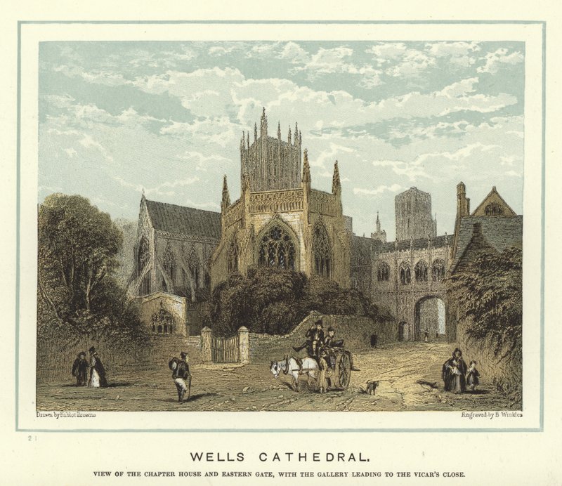 Cathedrale ya Wells, reba inzu yumutwe n irembo ryiburasirazuba, hamwe nubugeni bugana hafi ya Vicar by Hablot Knight Browne