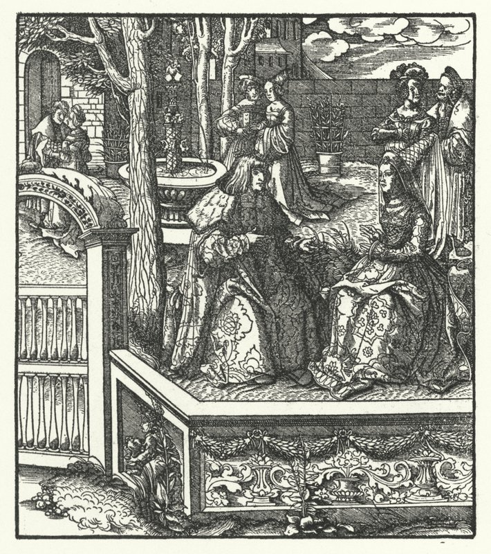 Avusturya Arşidükü Maximilian ve karısı Burgonyalı Mary, birbirlerine kendi dillerini öğretiyorlar (gravür) by Hans (after) Burgkmair