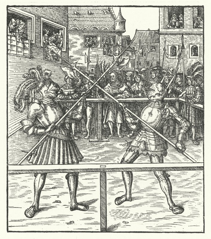 Avusturya Arşidükü Maximilian, bir teber kullanarak yaya olarak savaşıyor (gravür) by Hans (after) Burgkmair
