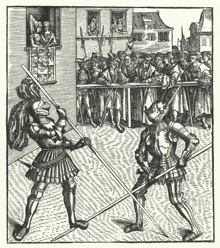 Avusturya Arşidükü Maximilian bir mızrak kullanarak yaya olarak savaşıyor (gravür) by Hans (after) Burgkmair
