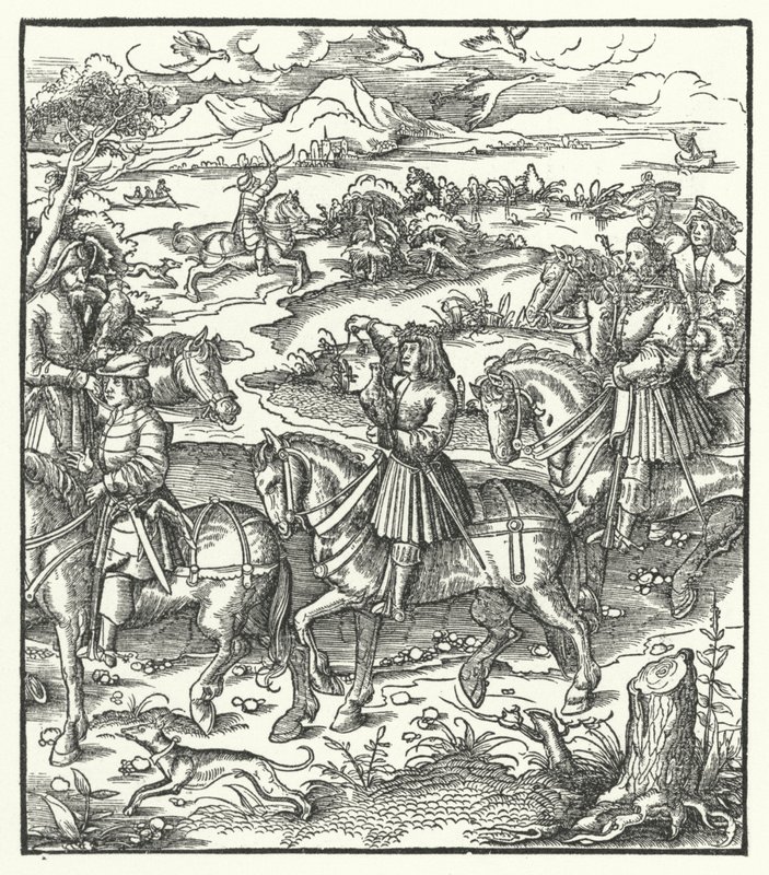 Avusturya Arşidükü Maximilian balıkçıl avı (gravür) by Hans (after) Burgkmair