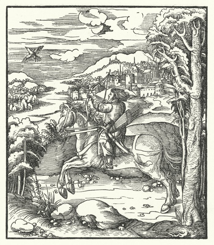 Avusturya Arşidükü Maximilian at sırtında avlanıyor (gravür) by Hans (after) Burgkmair