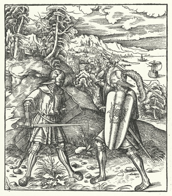 Avusturya Arşidükü Maximilian zırhlı bir kılıçla savaşıyor (gravür) by Hans (after) Burgkmair
