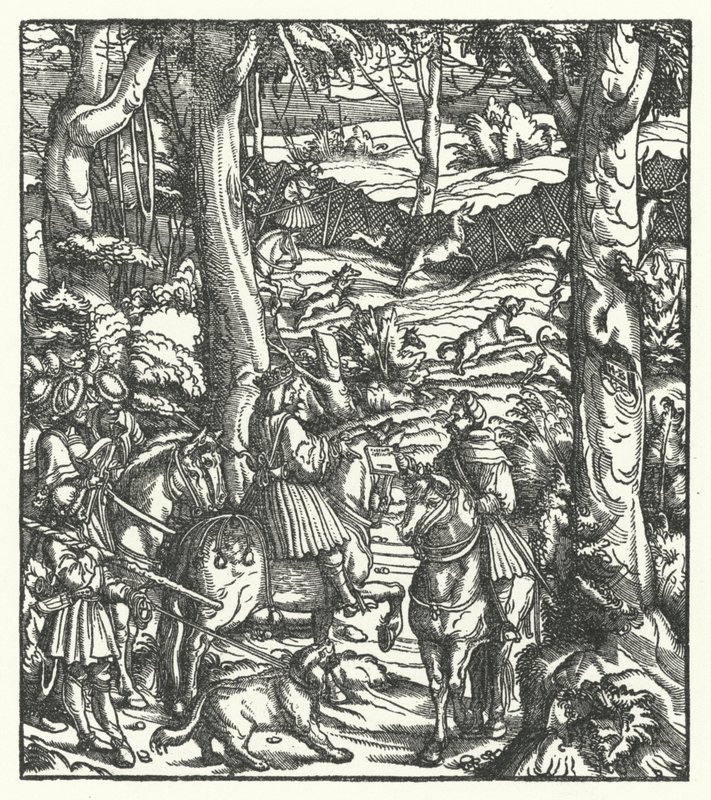 Romalıların Kralı Maximilian I, avlanırken bir mesaj alıyor (gravür) by Hans (after) Burgkmair