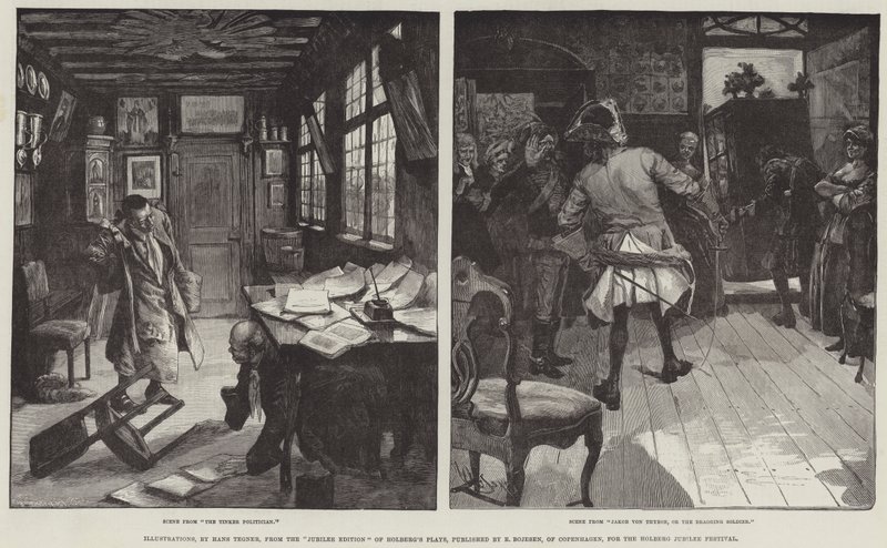 Holberg Jubilee Festivali için Kopenhag'dan E Bojesen tarafından yayınlanan Holberg's Plays'in Jubilee Baskısından çizimler by Hans Tegner