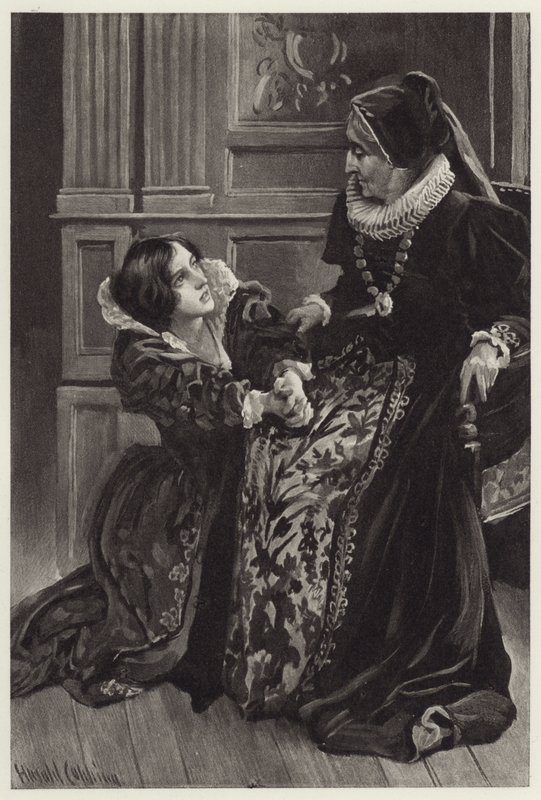 Helena dizlerinin üzerinde artık aşkının sahibiydi ve utanç ve korku içinde asil metresinin affını diledi. by Harold Copping