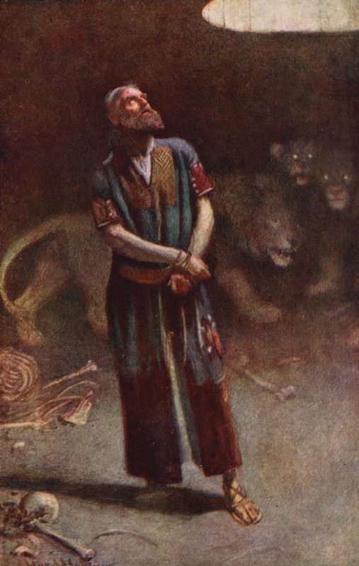 Eski Ahit: Daniel Aslanların İninde (renkli taş baskı) by Harold Copping