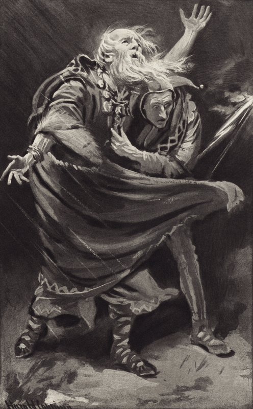 Karanlık bir gecede fırtınanın gazabına maruz kalan bir fundalıkta, Kral Lear dışarı mı çıktı? by Harold Copping