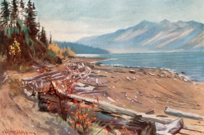 Kootenay Gölü kıyısından görünüm by Harold Copping