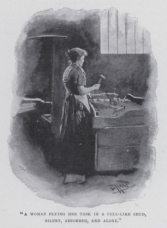 "Hücre benzeri bir kulübede işini yapan bir kadın, sessiz, dalgın ve yalnız" (s/b fotoğraf) by Harold Hume Piffard