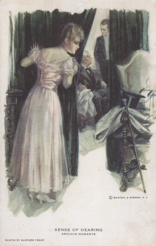 Sense of hearing - anxious moments: a woman eavesdropping on a conversation  by Harrison Fisher
