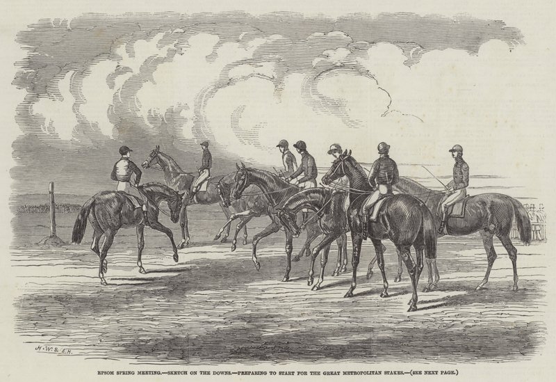 Epsom Spring Meeting, Sketch on the Downs, Great Metropolitan Stakes için başlamaya hazırlanıyor by Harrison William Weir