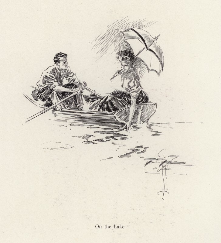 Erkek ve kadın gölde bir kayıkta (litho) by Harrison Fisher
